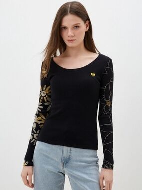 Desigual Black Long-Sleeve Scoop Neck Top with Floral Sleeve Detail Size L